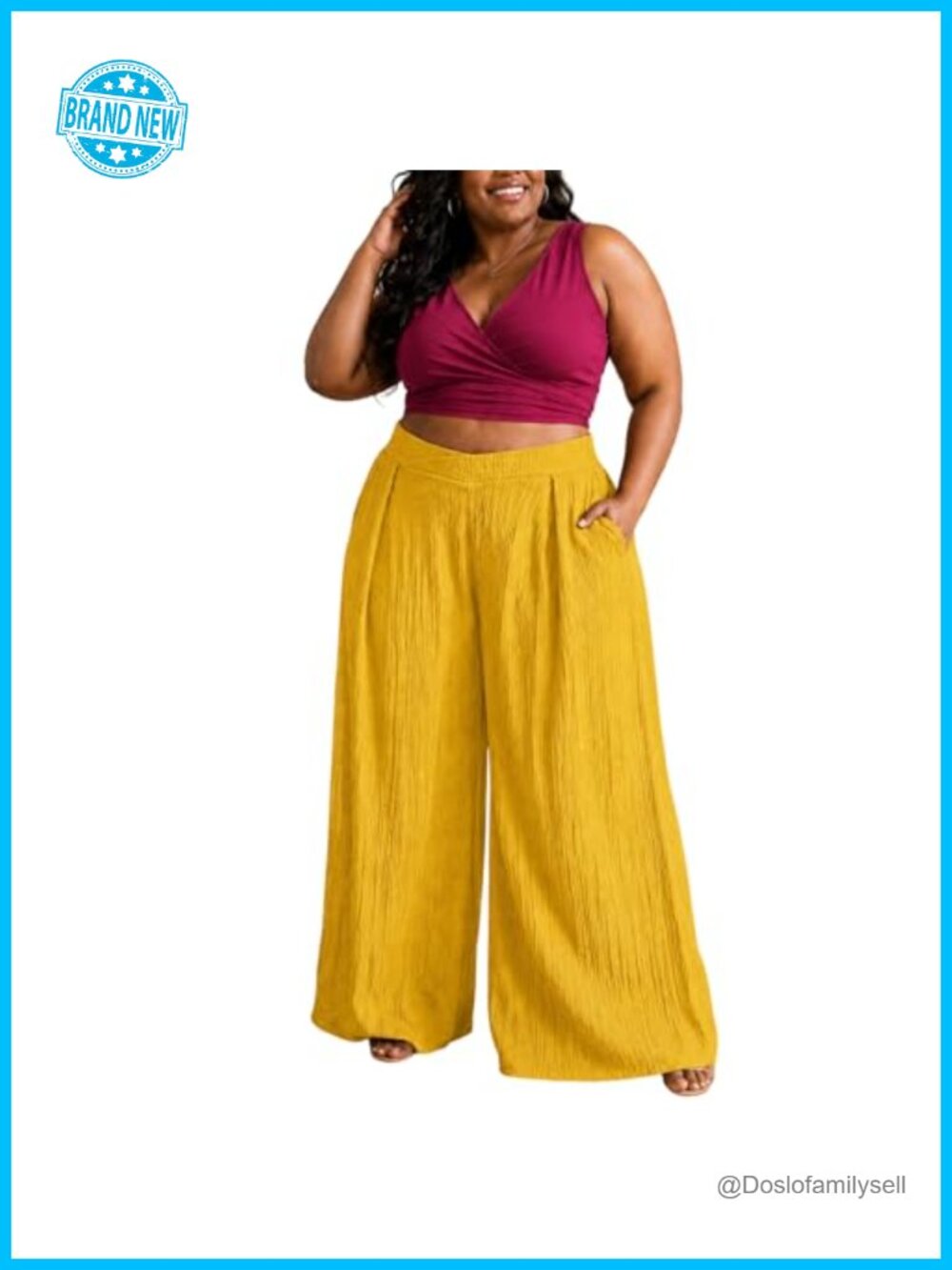 Plus Size Wide Leg Palazzo Pants High Waist Pockets Crinkle Pleated